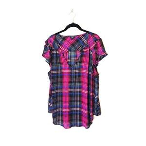 Torrid Harper Blouse Pink Plaid Flutter Sleeve V-Neck Georgette Preppy Size 1  L
